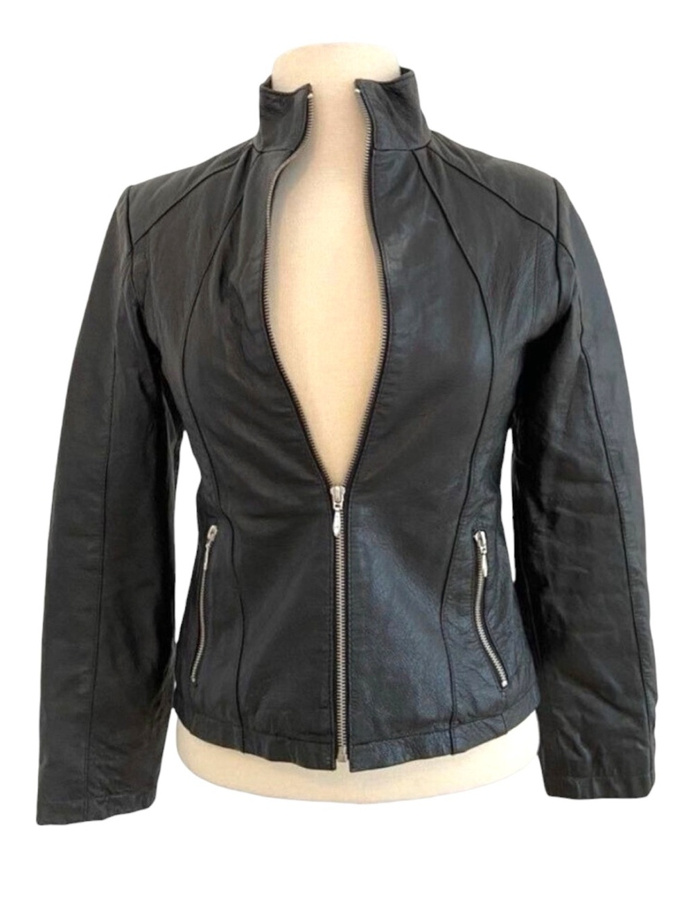 Bazik Casual soft genuine leather fitted jacket black quilted liner zipper small